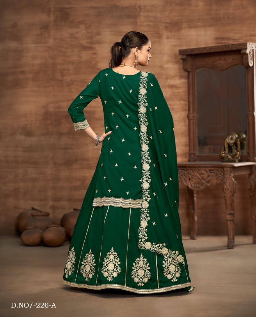 226-green  - Green Embroidered Traditional Sharara Style Suit.